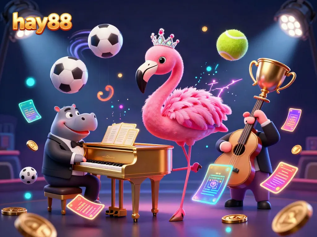 Engage with hay88's vibrant 3D casino scene featuring dynamic characters and sports betting elements.