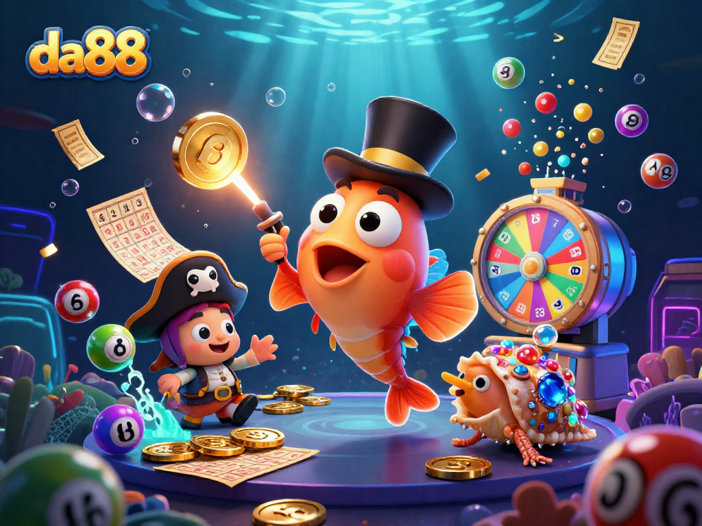 Engage with the da88 experience featuring an anglerfish, pirate shrimp, and treasure snail amidst exciting gambling elements.