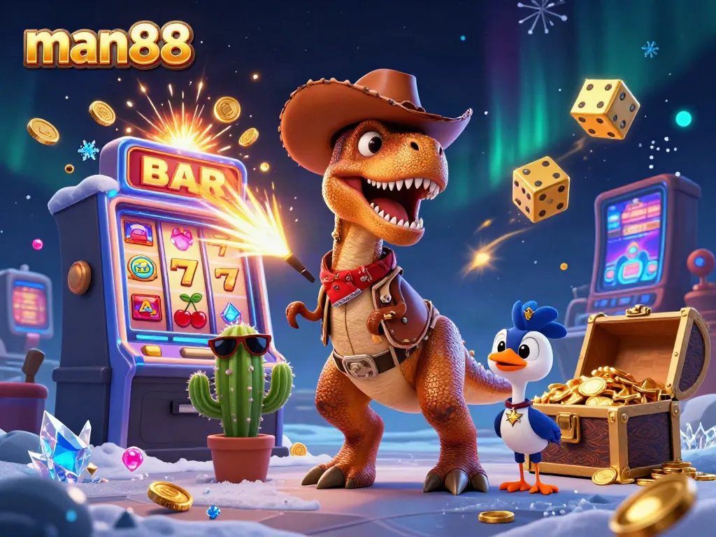 Win big at man88 with thrilling 3D games featuring colorful slot machines, treasure chests, and lively characters.