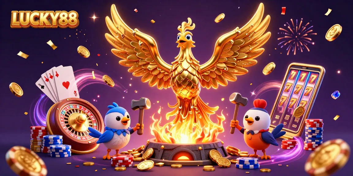 Experience thrilling gameplay at LUCKY88 with a 3D golden phoenix emerging from winning coins.
