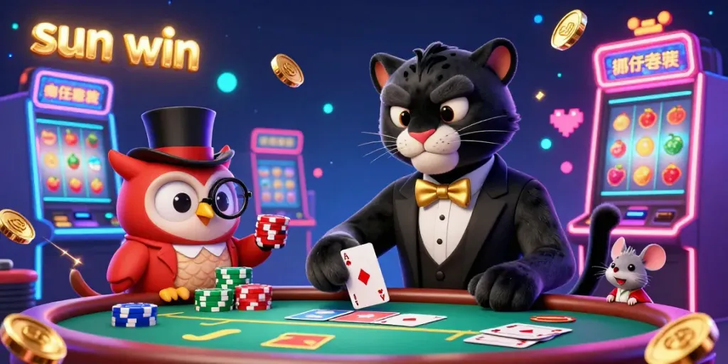 Experience the excitement of sun win poker with a stylish panther dealer and engaging casino atmosphere.