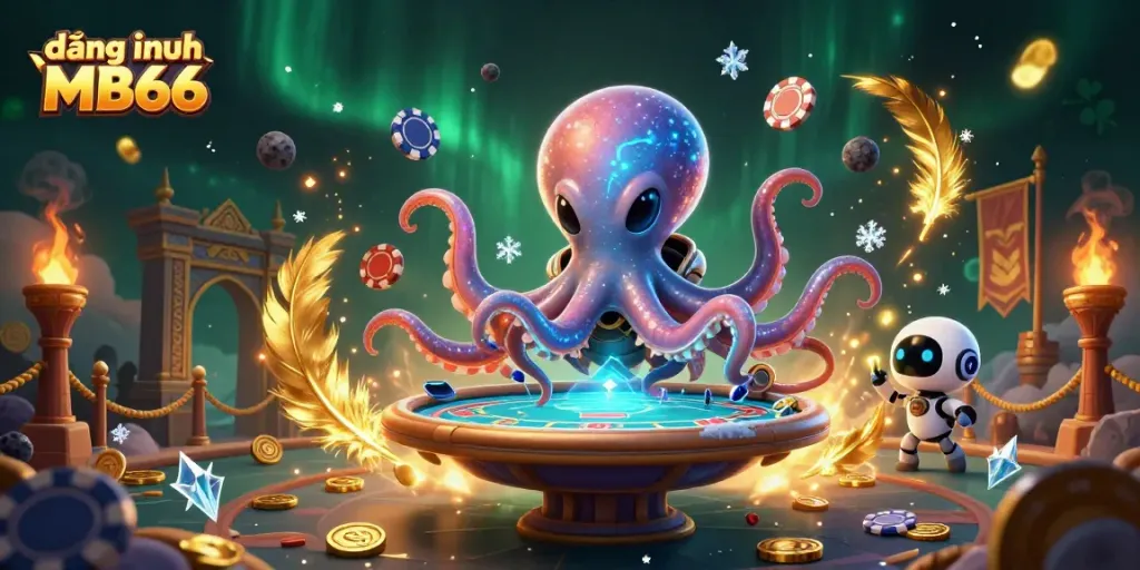 Experience đăng nhập MB66 with a vibrant 3D poker scene featuring a cosmic octopus and robot.