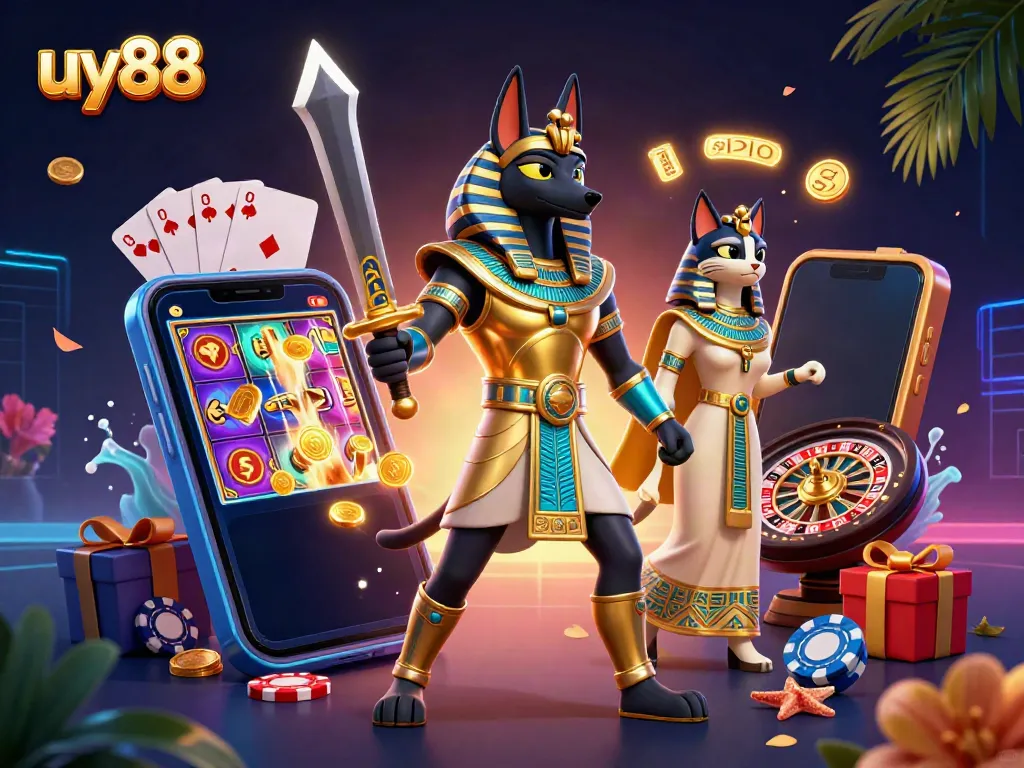 Experience exciting gaming with uy88 where Anubis and Bastet accompany thrilling casino elements.