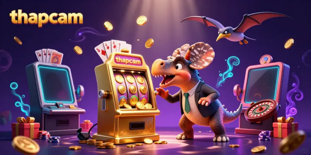 Experience thrilling jackpot moments with thapcam as pachycephalosaurus headbutts a golden slot machine, revealing golden coins.
