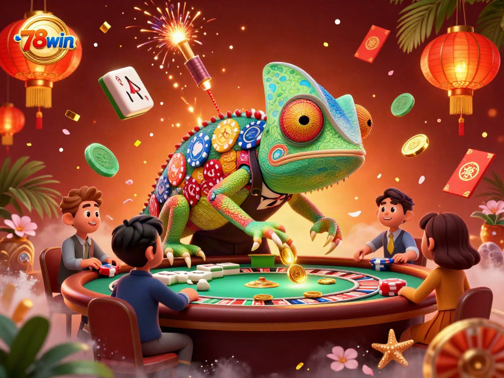 Experience the vibrant excitement of 78win's casino with a colorful chameleon owner and dynamic game elements.