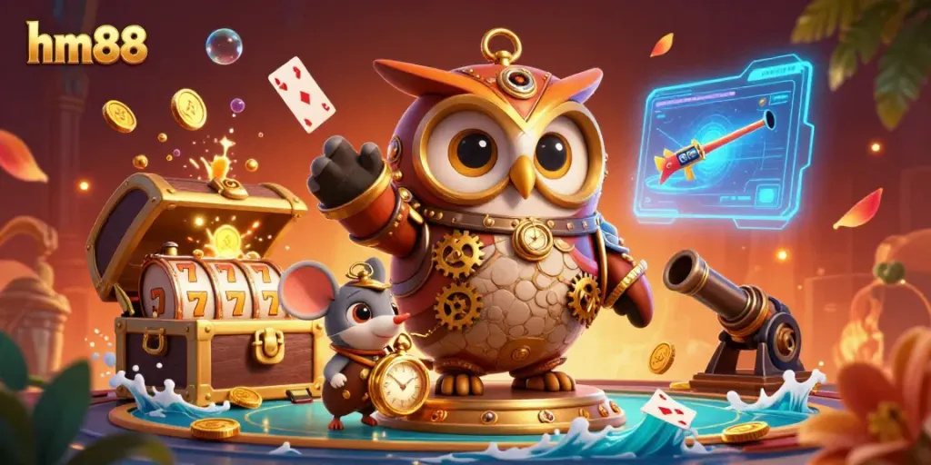 Engage with the rich experience of hm88's dynamic casino scene featuring an adventurous owl and treasures.