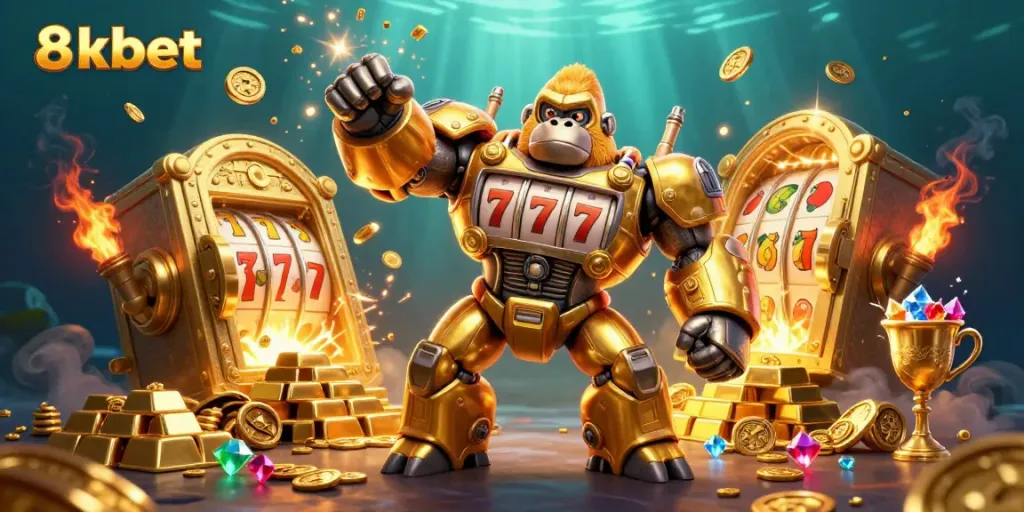 Engage with 8kbet's thrilling casino mech scene featuring a golden gorilla slot machine bursting with treasures.
