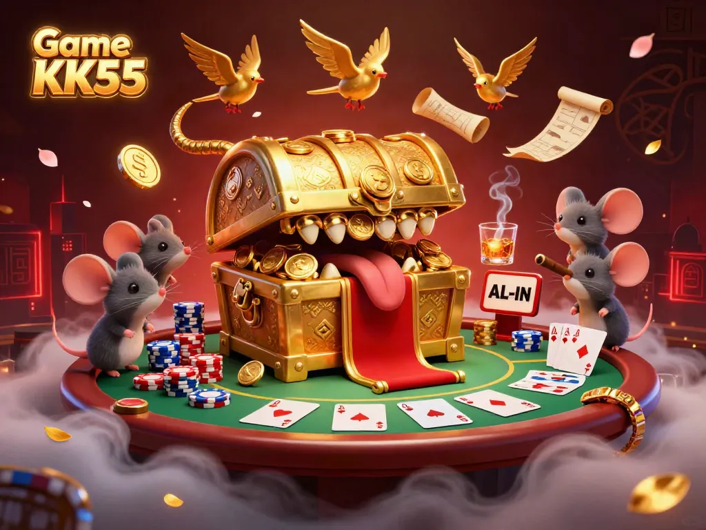Experience the thrilling Game KK55 featuring vibrant casino elements alongside adventurous mice and golden treasures.
