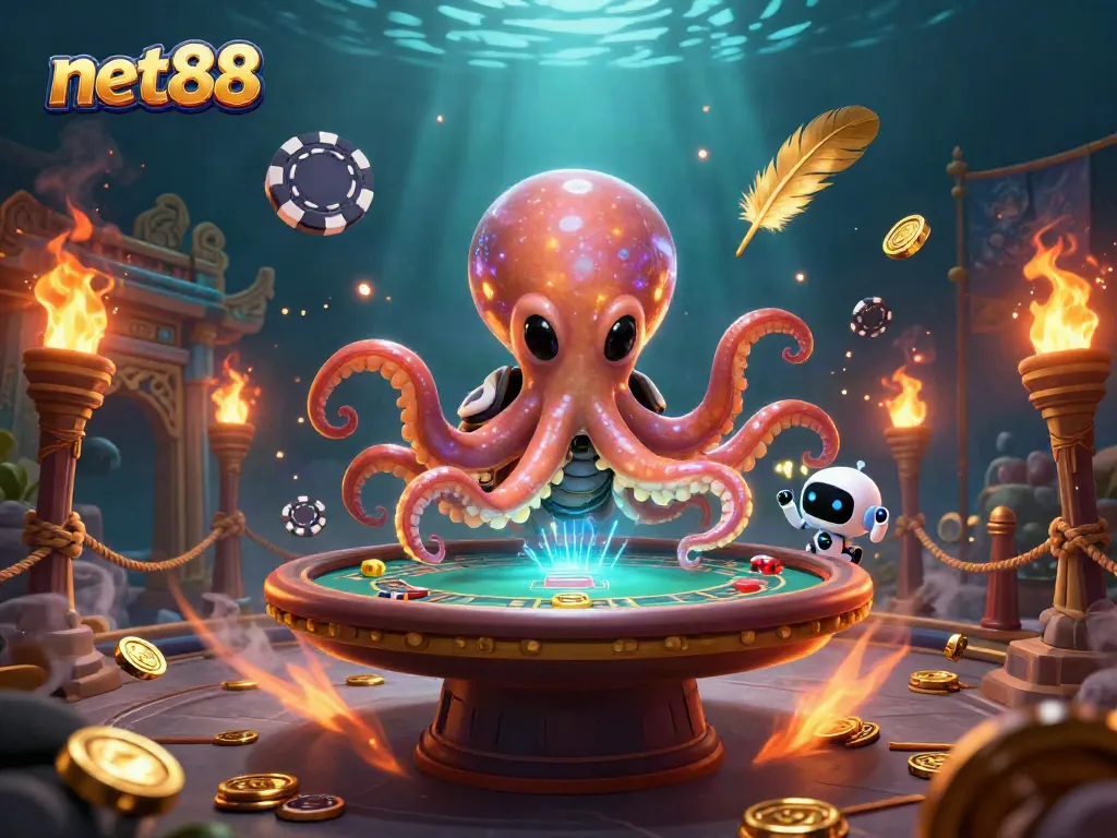 Engage with net88's thrilling casino games, led by a dynamic alien octopus and exciting casino elements.