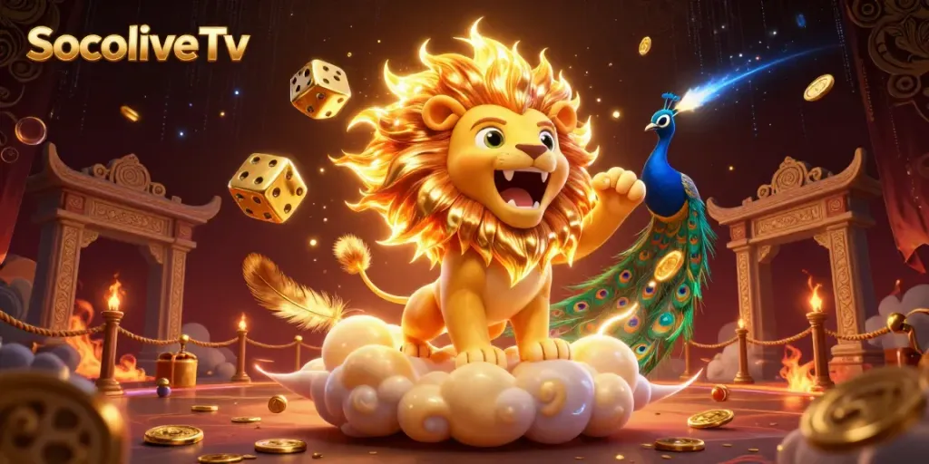 SocoliveTv offers thrilling live sports betting with vibrant action around golden dice and a sun lion.