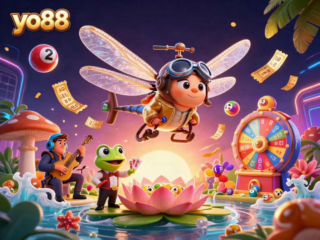 yo88 offers a vibrant casino experience with a dynamic illustration of a dragonfly pilot and frog croupier.