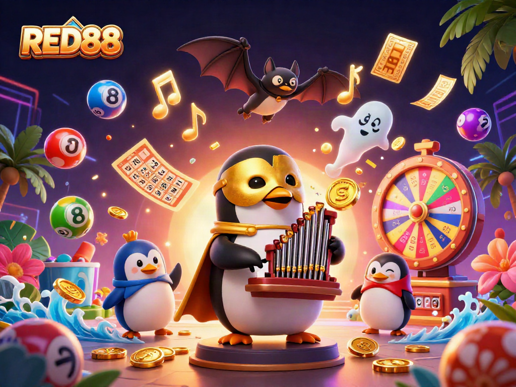 Experience winning with RED88 in a vibrant 3D casino scene filled with excitement.