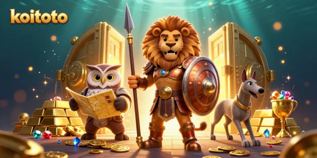 Koitoto menyajikan ilustrasi 3D menyerupai singa Spartan berarmor dengan harta karun berkilau, menjelaskan judi togel online.