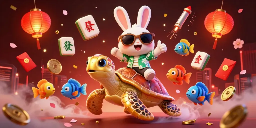 Experience the excitement of soi cầu 555 with a lucky rabbit and a golden turtle in a vibrant 3D casino scene.