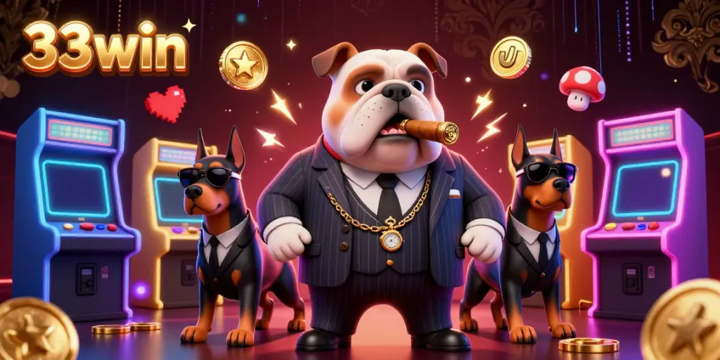 Experience the thrill of 33win with engaging arcade elements, bright lights, and dynamic casino imagery.