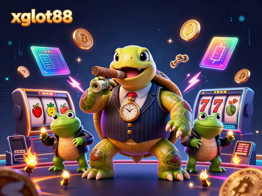 Visualisasi xgslot88 dengan kura-kura gangster dan pendukung, menciptakan suasana kasino yang menyenangkan.