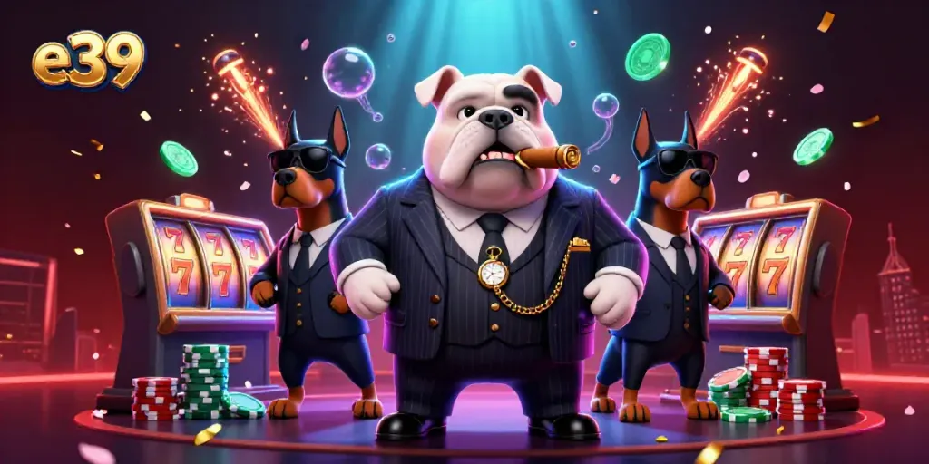 Watch the e39 mafia bulldog and Doberman bodyguards amidst slot reels and casino excitement.