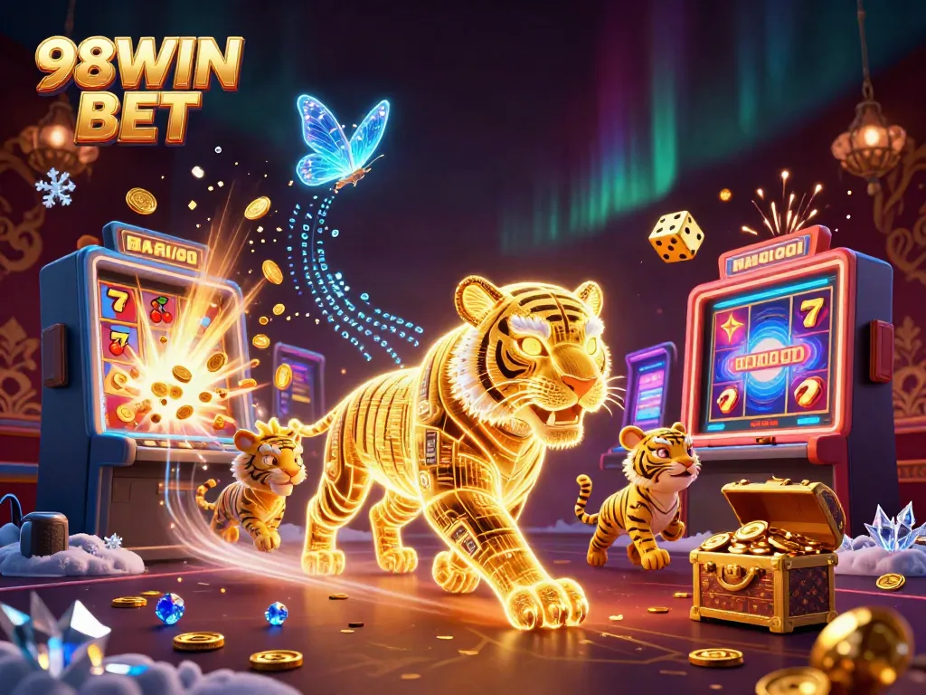 Experience thrilling gaming with 98WIN BET, featuring vibrant jackpot scenes and dynamic casino elements.