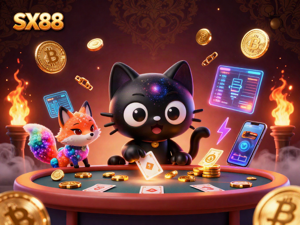 SX88 showcases a cosmic casino scene with a black hole cat and nebula fox, pulling in golden chips.