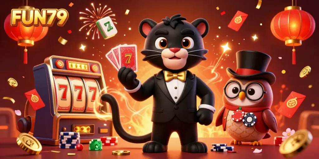 Experience excitement with FUN79 as the panther deals cards in a lively casino scene.