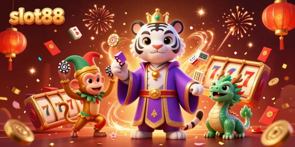Visualisasi slot88 dengan harimau putih dan singa, menyerbu jackpot di kasino.