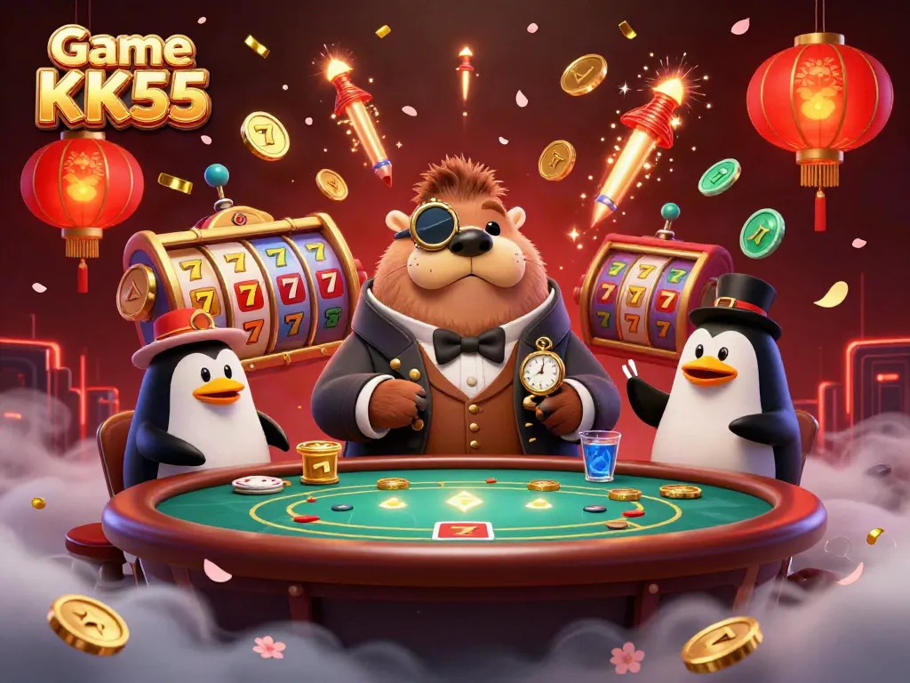 Experience the immersive Game KK55 environment filled with colorful slot reels and playful characters in a vibrant casino setting.