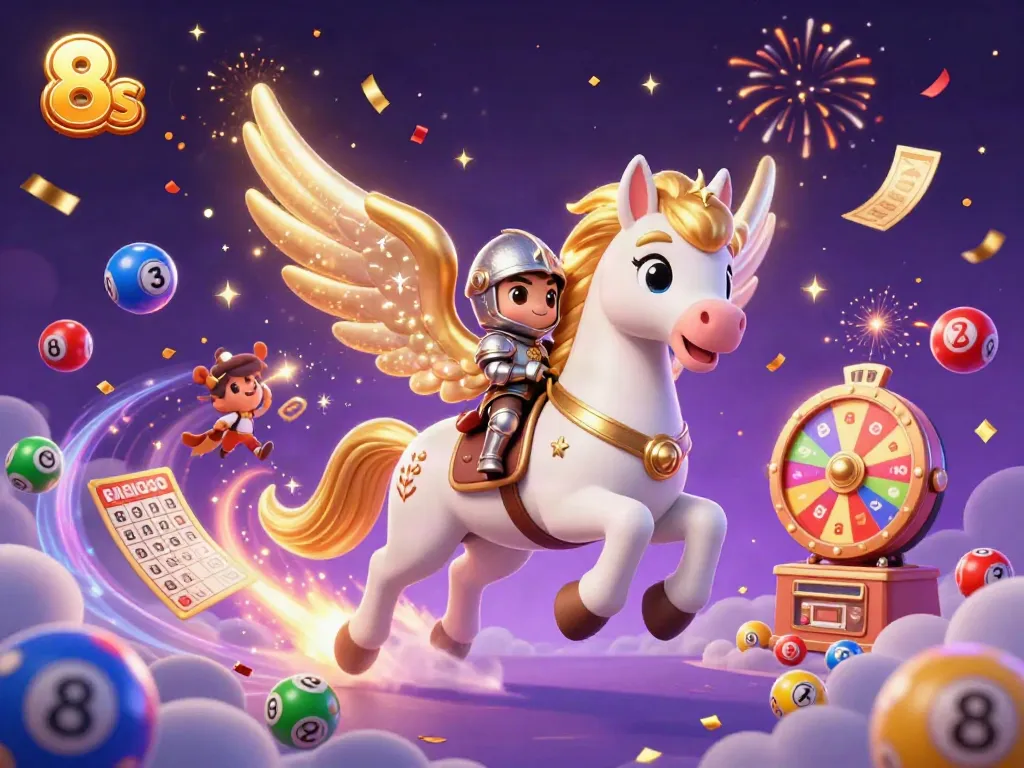 Experience thrilling 8s lottery excitement with vibrant visuals and playful characters.