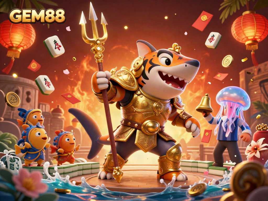 Experience GEM88's vibrant casino adventure with a golden shark gladiator amidst dynamic gaming elements.