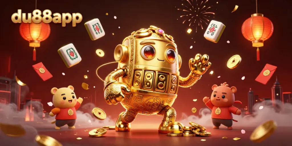Win big with du88app in a vibrant, dynamic casino scene featuring a golden golem and festive elements.