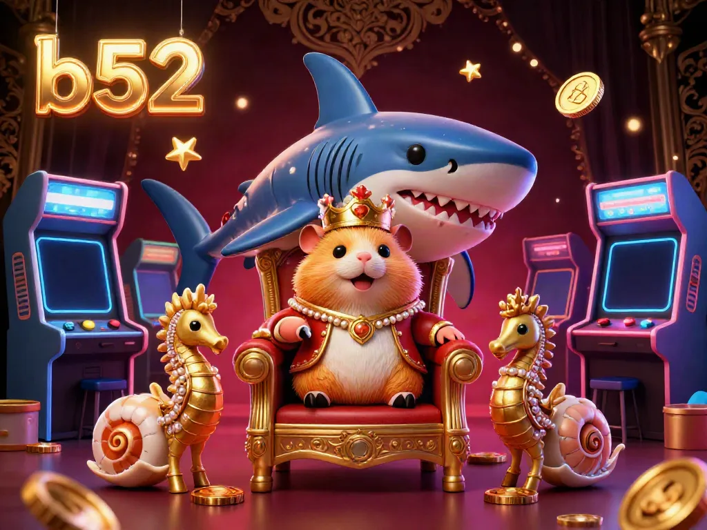 B52 gaming scene with a golden hamster king on a megalodon tooth throne, surrounded by arcade machines and casino elements.