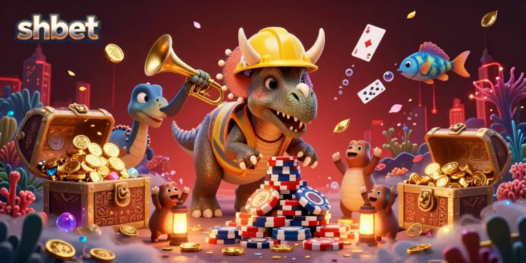 Celebrate exciting gaming moments at shbet with a dynamic triceratops creating poker chip pyramids in a vibrant scene.