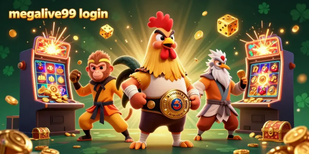 Masukkan megalive99 login dengan simbol keberuntungan, slot, dan karakter gaya kartun.