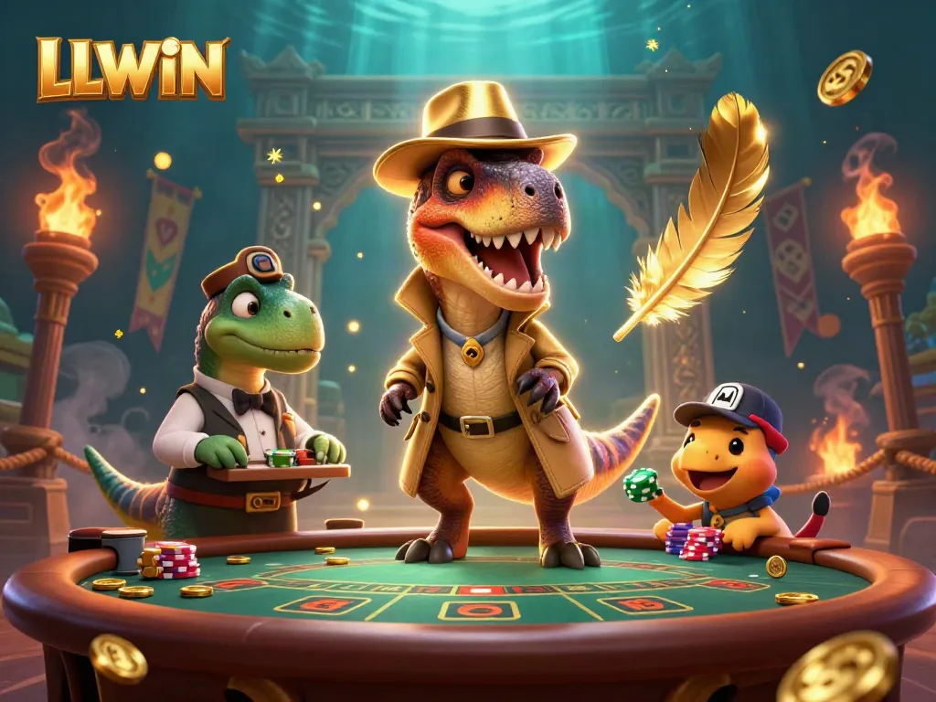 LLWIN's dynamic gambling scene showcases a velociraptor card counter at the blackjack table, vibrant and engaging.