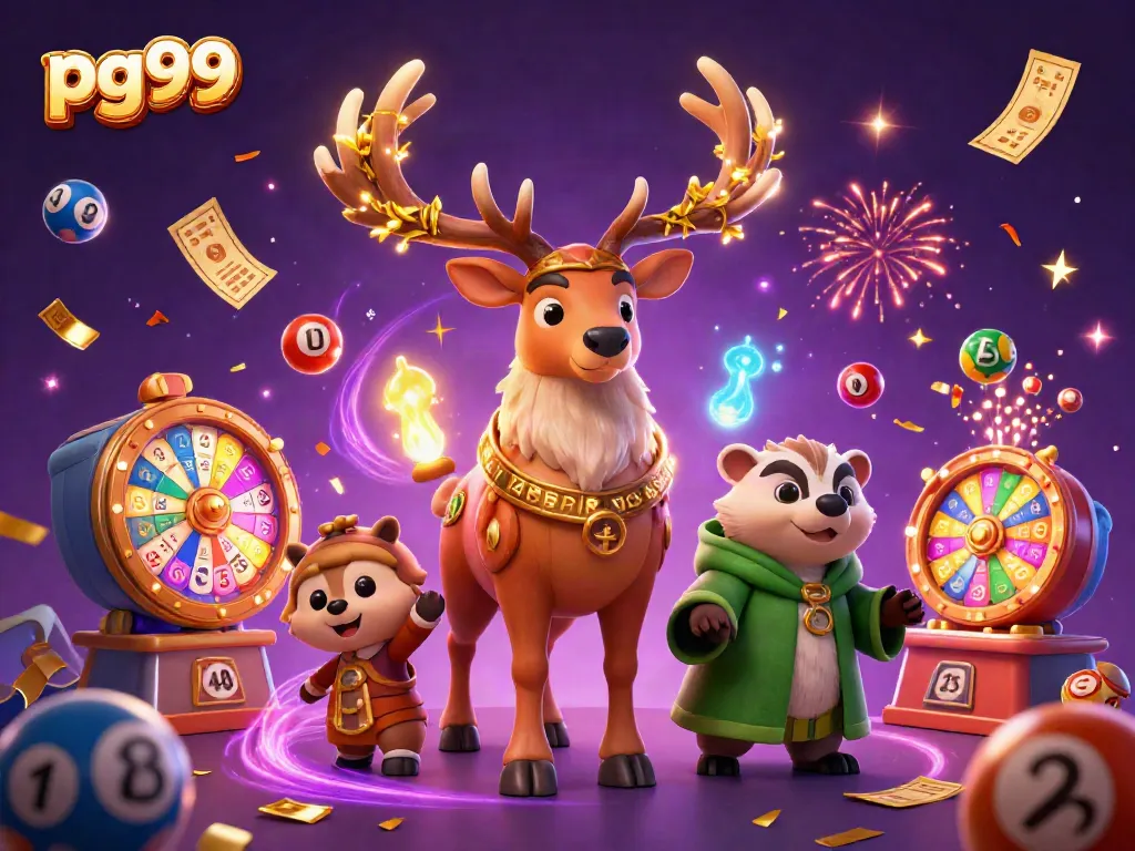 Experience the excitement of pg99 with lottery balls, Bingo games, and magical elements in action.