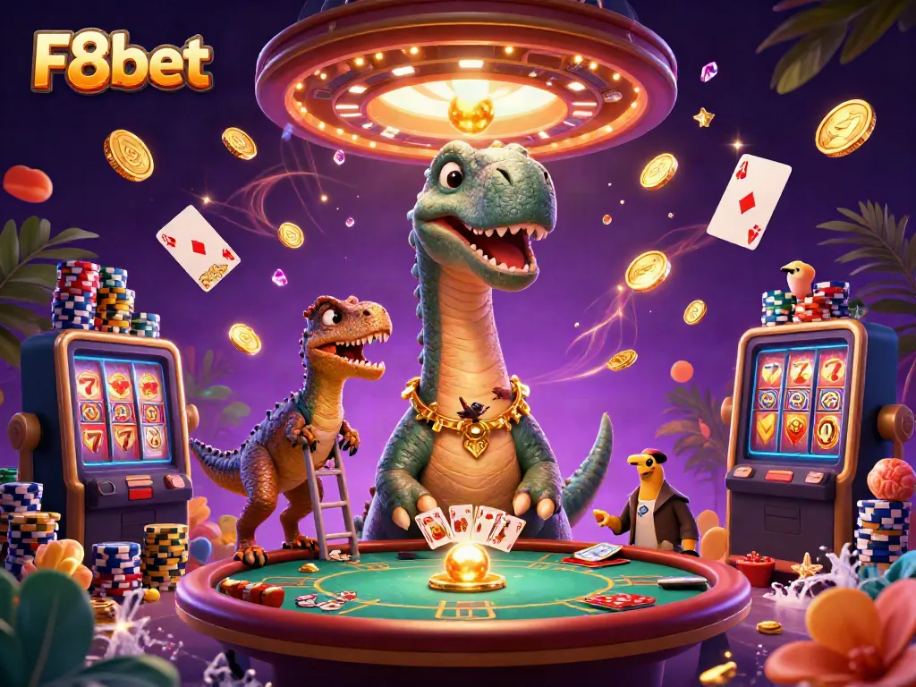 Experience F8bet's vibrant gaming world with a towering dinosaur and card-dealing raptor.