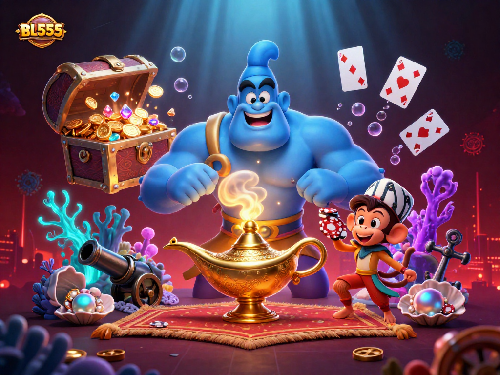 Experience thrilling gaming with BL555's captivating genie and magical elements in a vibrant casino scene.