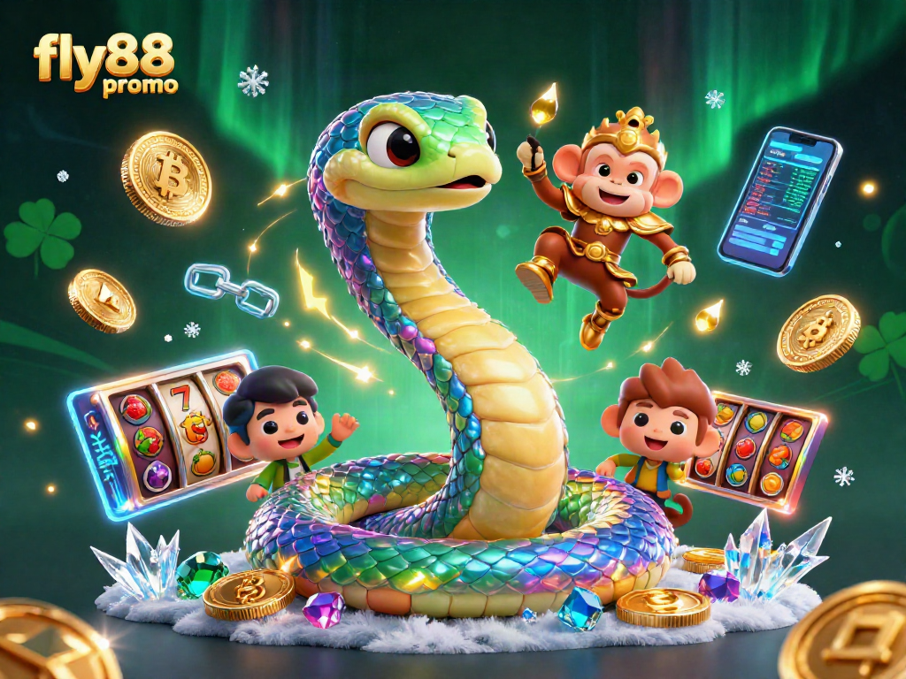 Playful monkey king interacts with a rainbow serpent in the fly88 promo casino scene.
