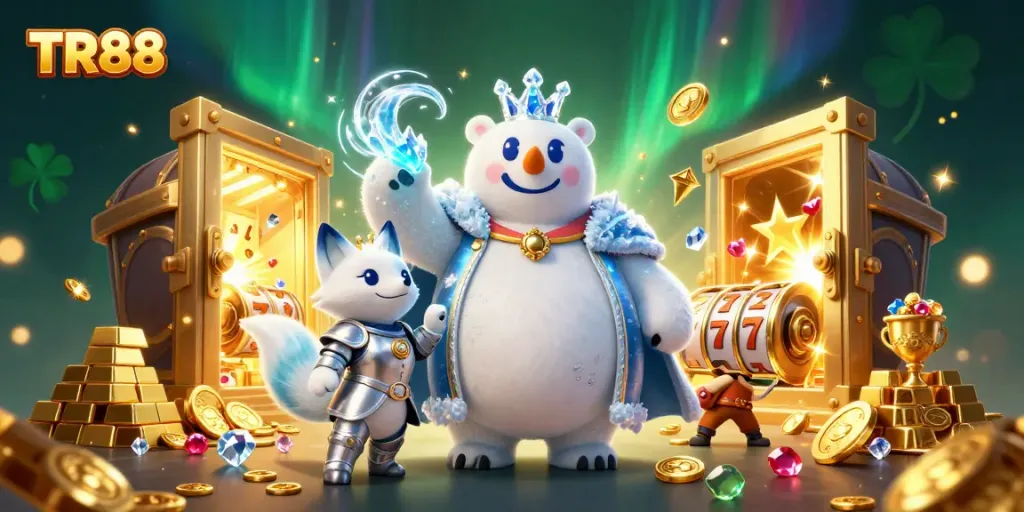 Engage with TR88's exciting slot reels and golden treasures in a captivating illustration.