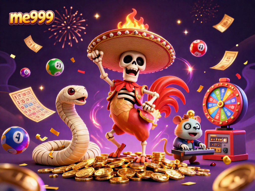 Join the fun at me999 with a vibrant casino scene filled with colorful lottery elements and celebration!