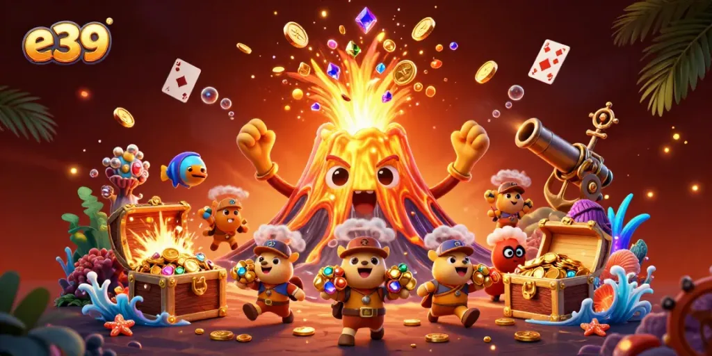 Win with e39 as a joyous golden volcano erupts in treasure amidst a vibrant casino scene.