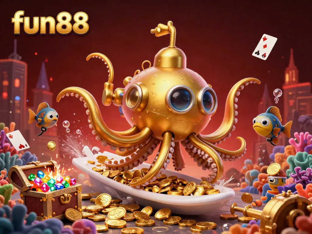 Experience adventure with fun88 as a golden kraken submarine surfaces amid golden coins, showcasing thrilling online gambling.
