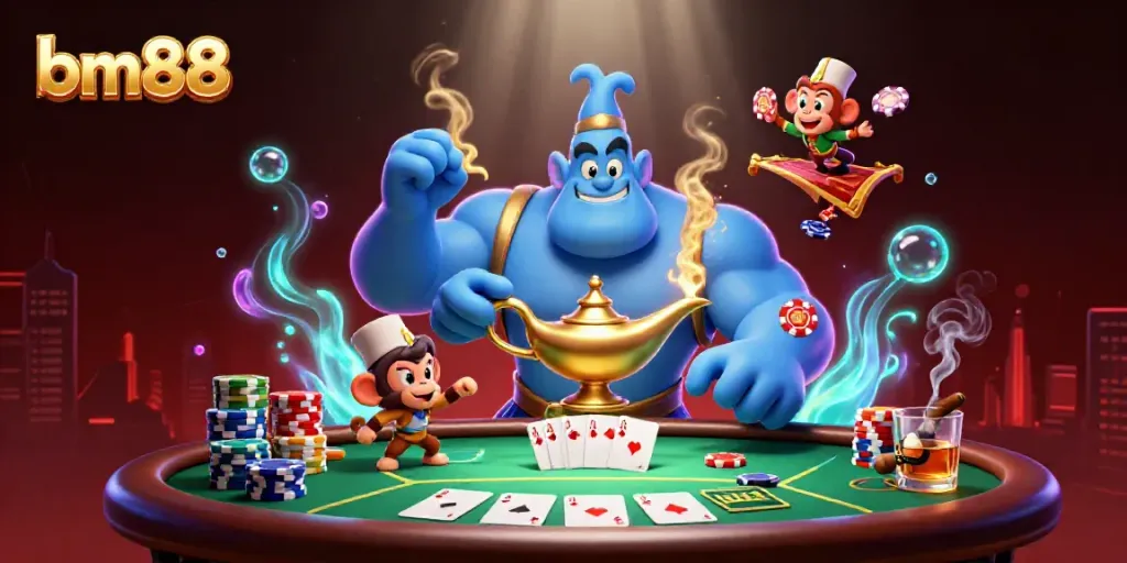 Experience thrilling moments at bm88 with a genie, poker chips, and an exciting casino atmosphere.