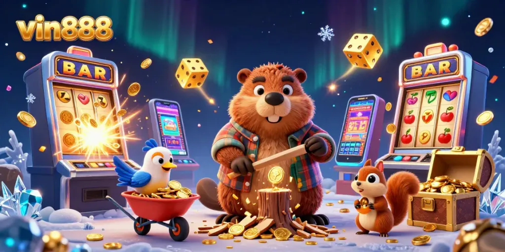 Experience thrilling wins at vin888 with a colorful 3D casino artwork showcasing lively characters and dynamic gaming elements.