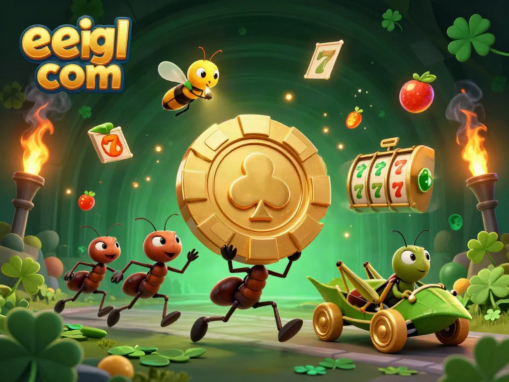 Engage with eejl com's exciting slot gameplay featuring ants in a heist with golden poker chips.