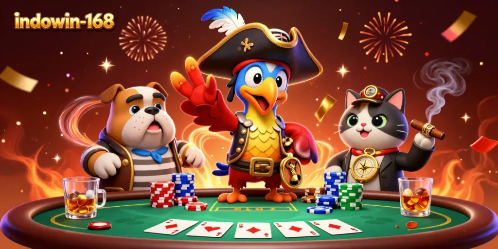 Gambar indowin-168 menampilkan suasana permainan poker yang meriah dengan karakter kartun yang menarik.