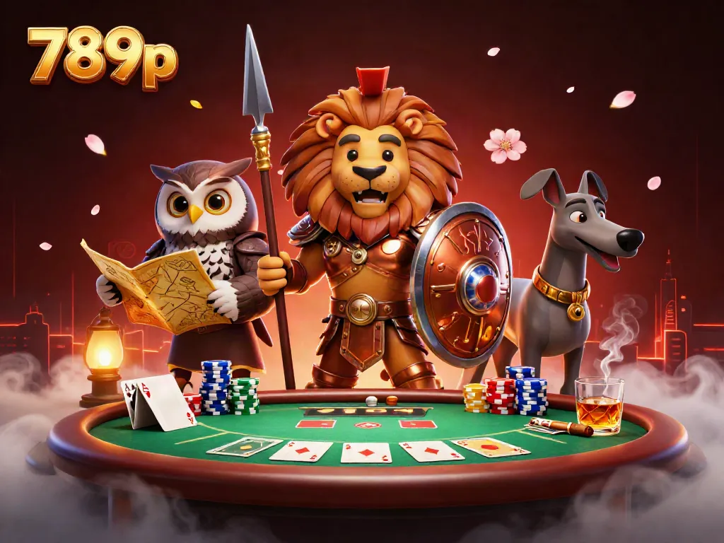 Engage with the vibrant atmosphere of 789p, featuring a lion warrior, owl strategist, and greyhound messenger amidst dynamic gambling elements.