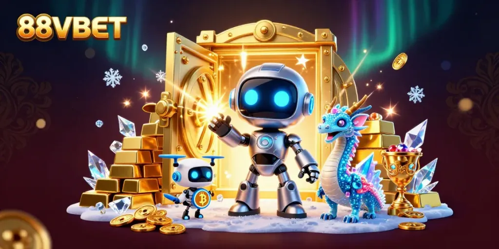Experience thrilling wins at 88VBET with vibrant casino character illustrations and golden treasures.