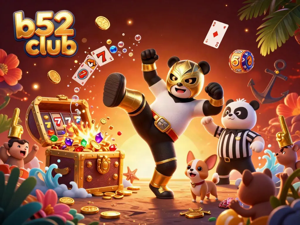 B52 club characters engaging in lively slot gaming, showcasing excitement and winnings