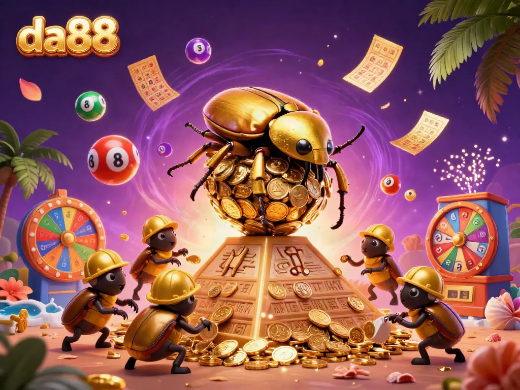 Engage with da88's vibrant casino scene featuring golden beetles, and dynamic lottery elements!