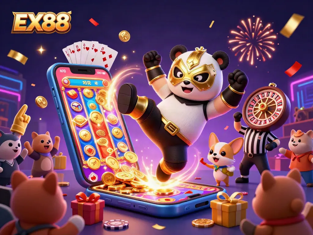 EX88 slots and games featured in a vibrant 3D casino scene with panda and chihuahua characters.